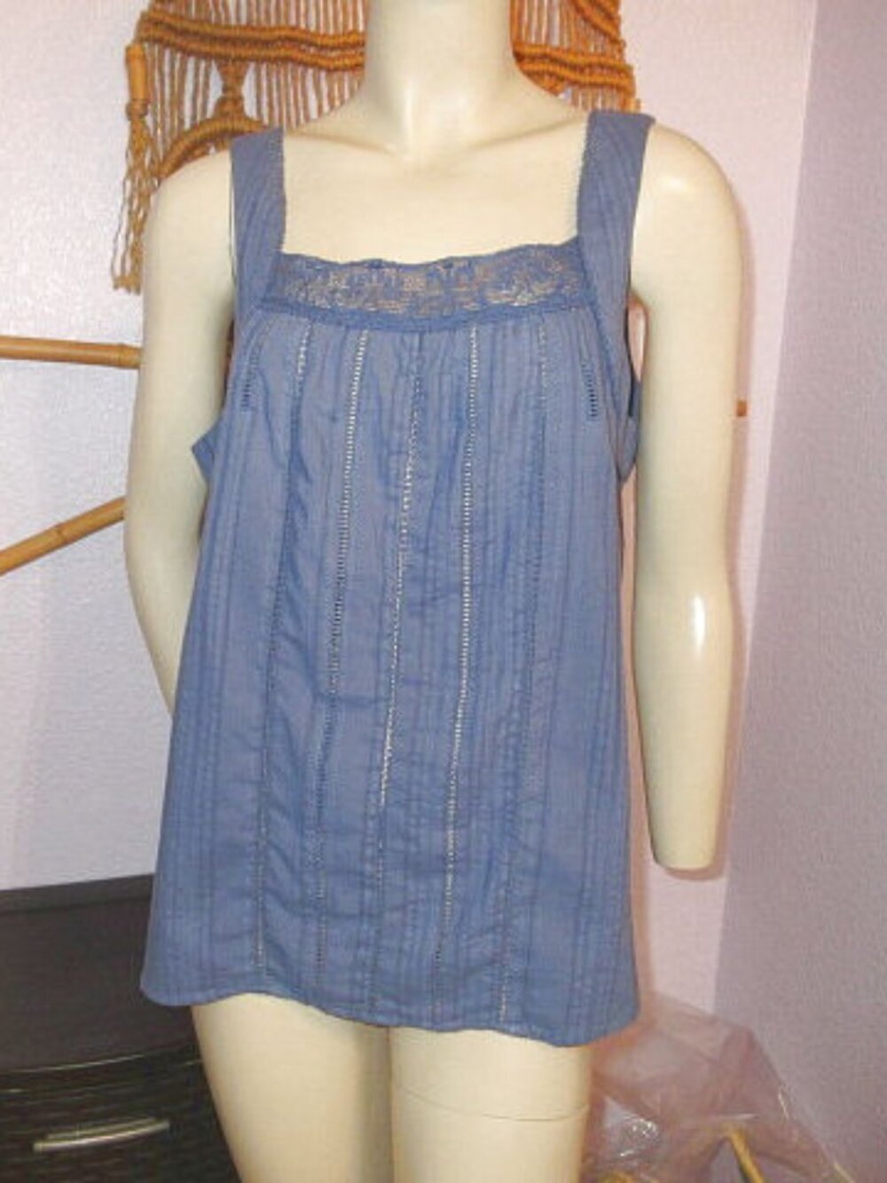 Sundance Eyelet Embroidered Tunic Top Size L Cotton Lace Trim Sleeveless Indigo